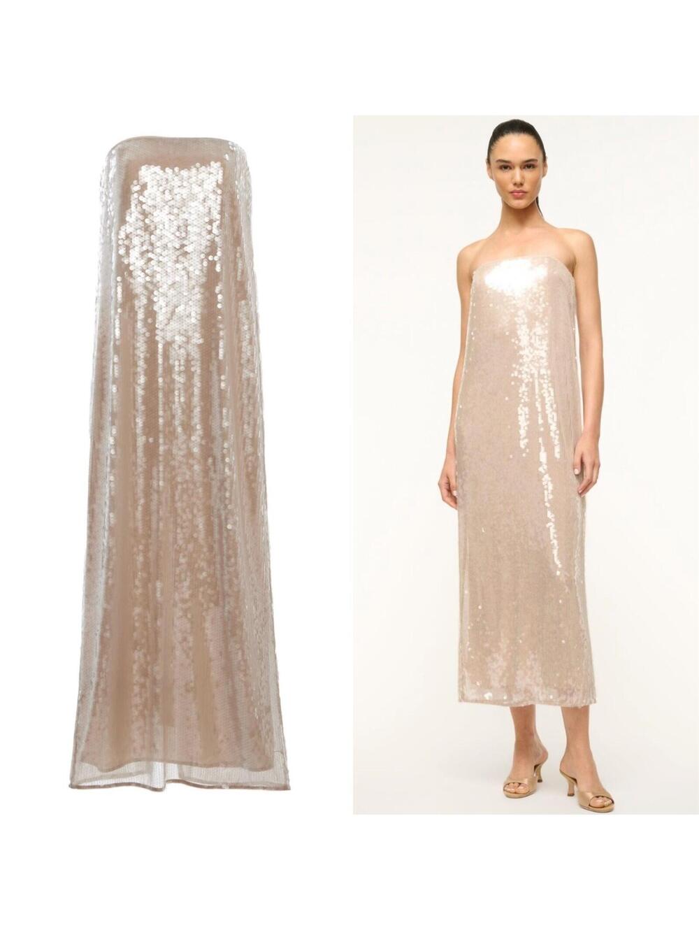 NWT $700 STAUD Casey Beaded Sequin Designer Dress Cocktail 4/small Moon Nude